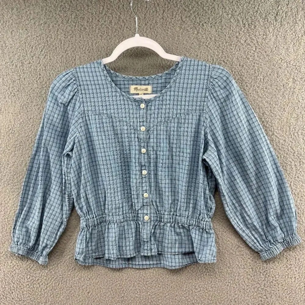 Madewell Chambray Puff-Sleeve Peplum Top in Windowpane Blue – Size S Style NE213